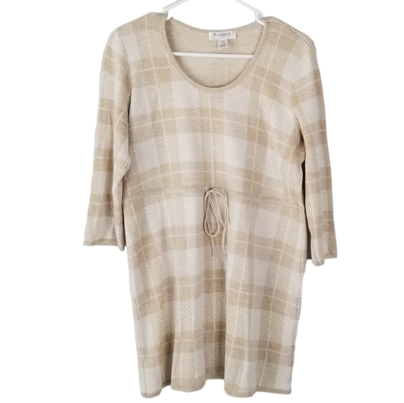 Motherhood Maternity Tan/Cream Plaid 3/4 Sleeve Dress Size M Tie Waist - Picture 1 of 13